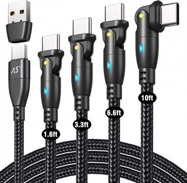 A.S USB Type-C Cable 60W 3A USB C Fast Charger USB A/C to USB-C Charging Cable [4Pack-1.5ft/3.3ft/6.6ft/10ft] 180° Data Sync Charger Cord for Galaxy S21/S21+/S20/Google Pixel/Laptop/Tablet