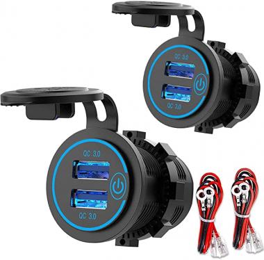 [2 Pack] 12V USB Outlet, Quick Charge 3.0 Dual USB Power Outlet with Touch Switch, Waterproof 12V/24V Fast Charge USB Charger Socket DIY Kit for Car Boat Marine Bus Truck Golf Cart RV Motorcycle, etc.