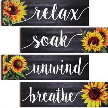 Jetec 4 Pieces Farmhouse Bathroom Wall Decor Signs Relax Soak Unwind Breathe Signs Sunflower Bathroom Wall Art Rustic Bathroom Wooden Signs Sunflower Wall Plaque Vintage Decor for Home (Gray)