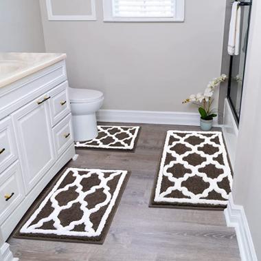 HEBE Bathroom Rugs Sets 3 Piece Non Slip Bath Mat Sets with U-Shaped Contour Toilet Mat Absorbent Microfiber Plush Bath Mats Machine Washable Bath Rugs Shaggy Bathroom Shower Rugs, Brown