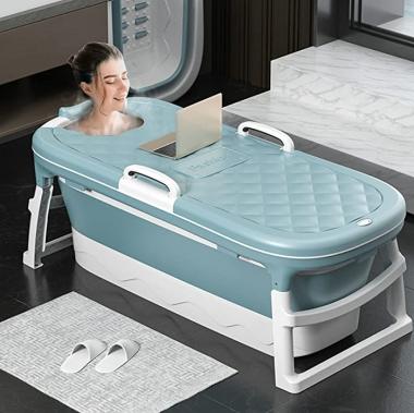 BJTDLLX 54 inches Adult Massage Bathtub, Large Portable Foldable Soak 3-Stage Tub Efficient Constant Temperature Non-Slip Bath Tub, with Thermostatic Cover Blue