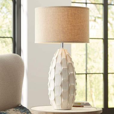 Cosgrove Mid Century Modern Coastal Table Lamp 32.75" Tall Ceramic White Handcrafted Beige Fabric Drum Shade Decor for Living Room Bedroom House Bedside Nightstand Home Office - Possini Euro Design