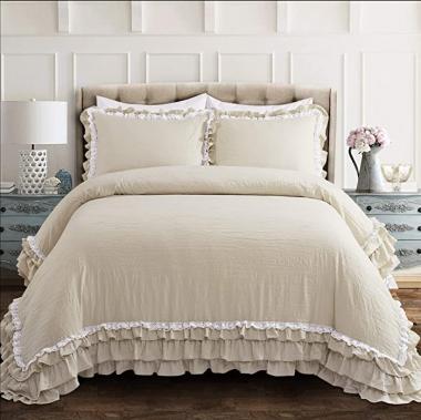 Lush Decor, Neutral Ella Vintage Chic Ruffle Lace 3 Piece Comforter Set, Full/Queen