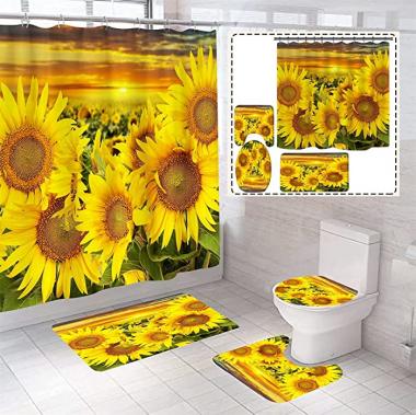 elepdfcd 4 Piece Sunflower Bathroom Shower Curtain Set Durable Yellow Fabric Shower Rugs Waterproof Sunset Complete Bath Rugs Accessories 12 Hooks