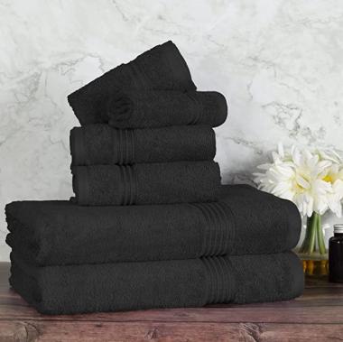 Quick-Drying Towel Collection, Egyptian Cotton Towel set for Shower and Bathroom, Oversized 6-Piece Bath, Hand and Face Towel Set, 30" x 54", 16" x 30", 13" x 13" Solid, Black by Blue Nile Mills