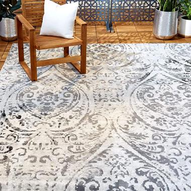 Home Dynamix Nicole Miller Patio Sofia Juniper Indoor/Outdoor Area Rug 5'3"x7'2", Distressed Damask Ivory/Gray