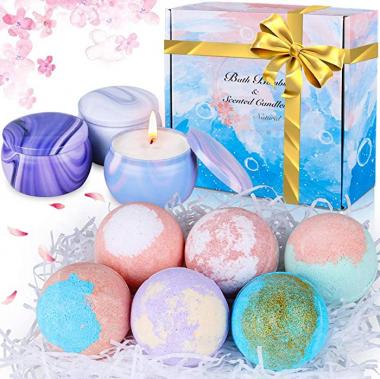 Bath Bombs Gift Set for Women - 6 Pcs Natural Bubble Bath Balls and 3 Pcs Scented Candles, Relaxing Handmade Fizzies Spa Kit with Essential Oils, Sea Salt, Christmas Birthday Gift for Her Girls Mom