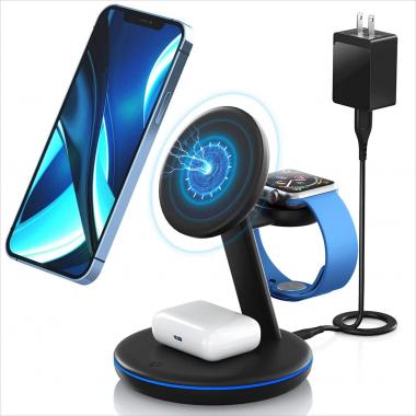 Magnetic Wireless Charger 3 in 1 - PEXXUS 15W Wireless Charging Station for Multiple Devices,Mag-Safe Charger Stand for iPhone 12 13 Pro/Max/Mini, AirPods 2/3/Pro, Apple Watch 2/3/4/5/6(QC3.0 Adapter)