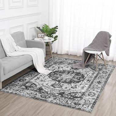 CAROMIO Machine Washable Rug Stain Resistant Vintage Area Rug Non-Slip Pet & Kid Friendly Low-Pile Distressed Rug for Bedroom Living Room Dining Room Kitchen, 4' x 6' Grey