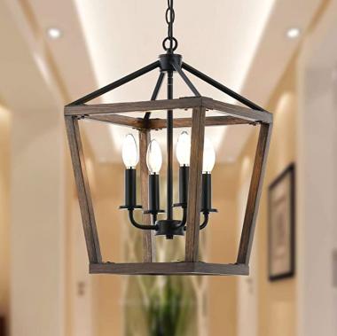 4 Lights Farmhouse Kitchen Island Lighting,Dining Room Black Wood Chandelier,Rustic Lantern Pendant Lighting for Hallway Foyer Entryway.E12 Bulb,12.6”*H18.1”, Height Adjustable.