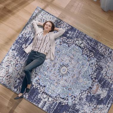 CAMILSON Machine Washable Rug, Distressed Vintage Area Rugs for Living Room, Stain and Water Resistant, Traditional Bohemian Indoor Carpet (8x10, Blue)