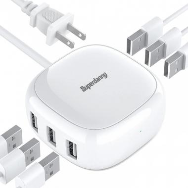 40W Mini USB Charging Station 8A, SUPERDANNY 6-Port Wall Charger for Multiple Devices, Desktop USB Charging Hub with 4ft Cable, Compatible with iPhone, iPad, Galaxy, Pixel, for Travel, Cruise, White