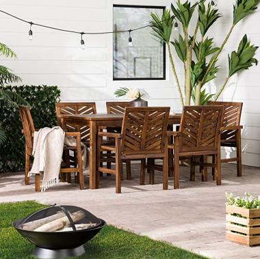 Walker Edison 6 Person Outdoor Wood Chevron Patio Furniture Dining Set Table Chairs All Weather Backyard Conversation Garden Poolside Balcony, 7 Piece, Dark Brown