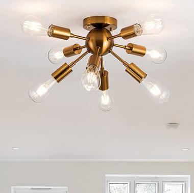 Kitchen Island Sputnik Chandelier 8 Lights Brass, Mid Century Semi-Flush Mount Ceiling Light Fixture Modern Chandelier Lighting for Foyer Hallway Dining Room Entry Way