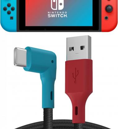 TALK WORKS USB C Charger Cable for Nintendo Switch/Lite + Switch OLED & Pro Controller - 90 Degree Tip Extra Long Cable - Nylon Braided USB Type C Charging Cable - Blue/Red