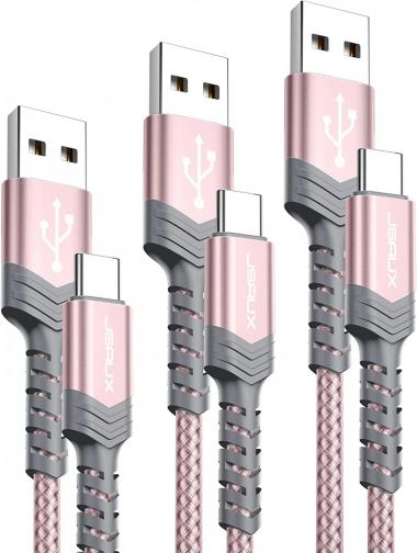 USB-C Cable 3A Fast Charging, JSAUX 3-Pack (10ft+6.6ft+3.3ft)USB A to Type C Charge Nylon Braided Cord Compatible with Samsung Galaxy S20 S10 S9 S8 Plus Note 10,PS5 Controller,USB C Charger(Rose Gold)