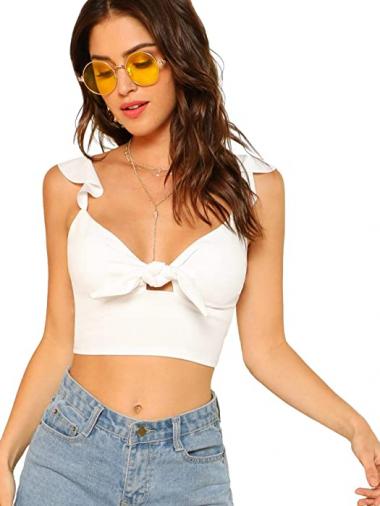 SheIn Women's Plain Ruffle Strap Knot Front Backless Cute Cami Crop Top Bralette