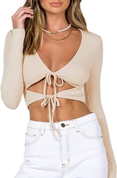 SOFIA'S CHOICE Women's V Neck Ribbed Knit Shirt Long Sleeve Tied Cutout Crop Tops