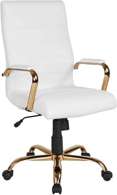 Flash Furniture High Back Desk Chair - White LeatherSoft Executive Swivel Office Chair with Gold Frame - Swivel Arm Chair