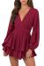 Hocuos Women's Long Lantern Sleeve Plunging V Neck Dress Tie Waist Layer Ruffle Hem A Line Swing Casual Short Mini Dress