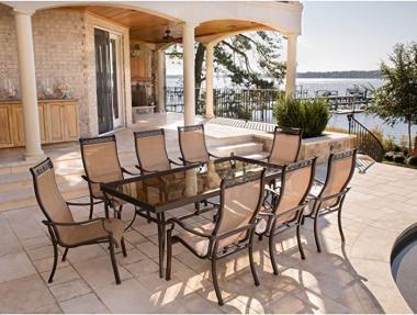 Hanover Monaco 9 Piece Set with 8 Stationary Chairs and 42" x 84" Glass-top Dining Table Outdoor Furniture, with Eight Extra L, Tan