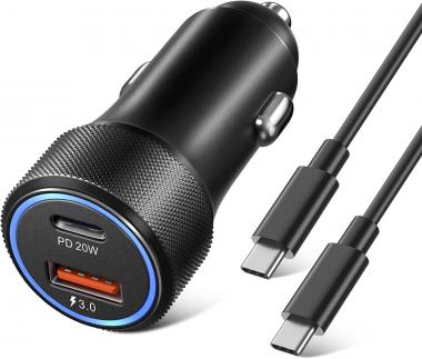 USB C Car Charger, OKRAY 36W Fast Charging Type C Car Charger Adapter with 6 Feet USB C to C Cable, PD20W+QC3.0 Dual Ports USB Car Charger Compatible Samsung Galaxy S22/S21/S20/S10/S9 Note 20/10-Black