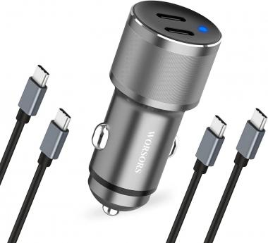 Dual USB C Car Charger, 60W PD (30W + 30W) Super Fast Charging Adapter Metal Compatible for Samsung Galaxy S22 Ultra/Plus/S21 Fe, Note 20/10, Google Pixel 6 Pro/6, iPad + 2X Type C to C Cable 3.3Ft