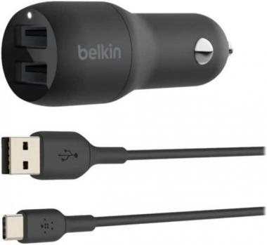 Belkin BoostCharge USB Type A 2 Port 24W Car Charger Adapter, 2 12W Fast Charging Ports with Included USB Type C to A Braided Cable