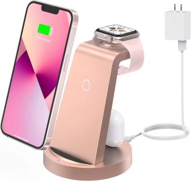 Wireless Charging Station, 3 in 1 Wireless Charger Compatible with iPhone 14/13/12/11/Pro/SE/XS/XR/X/8 Plus/8, Fast Wireless Charging Stand Dock for Apple Watch Series & Airpods(with Adapter)