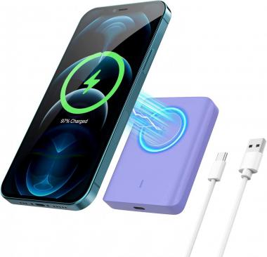 MoKo Magnetic Wireless Charger, Fast Charging Portable Charger with Foldable Metal Stand USB-C Cable Compatible with Magsafe Charger fit iPhone 13/12 Pro/Pro Max/Mini, Purple