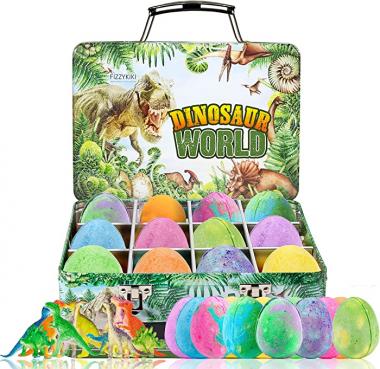 [12 Pack] Fizzykiki XXL Dino Egg Bath Bombs for Kids - Dino Bath Bombs with Metal Storage Box - Make Bath Time Fun with Surprise Dinosaur Bath Bombs - Girls and Boys Bath Bombs with Toys Inside