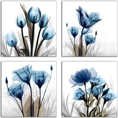 Flower Canvas Prints Wall Art Decor 4 Panels Blue Elegant Tulip Artwork Simple Life Picture for Living Room Bedroom Home Salon SPA Wall Decoration 12" x 12" 4 Pieces