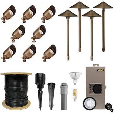 VOLT Brass 12V LED Landscape Lighting Kit (8 Spotlights, 4 Path Lights) with 150W Transformer