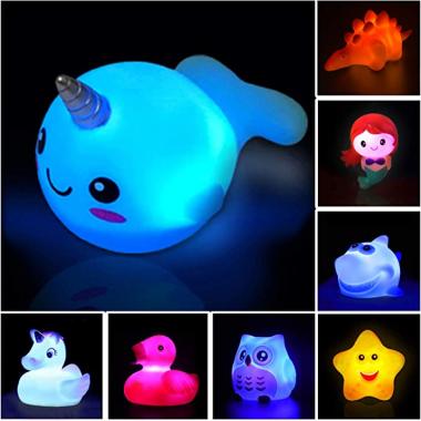 Jomyfant Bath Toys (8 Packs Rubber Animals Toys) Light Up Floating Rubber Toys Flashing Color Changing Light in Water Bathtub Shower Games Toys for Baby Kids Toddler Child