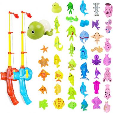 AUUGUU Magnetic Fishing Game Water Toy - 2 Fishing Poles, 1 Wind Up Swimming Turtle and 30 Colorful Magnetic Fish for Kiddie Pool, Water Table or Bath Fun – Toddler Toy for Ages 3-5