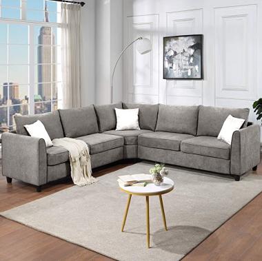 3 Pieces L-Shaped Living Room Sofa Set, 100'' Big Sectional Sofa Couch for Home Use Fabric, with 3 Pillows Included, Grey