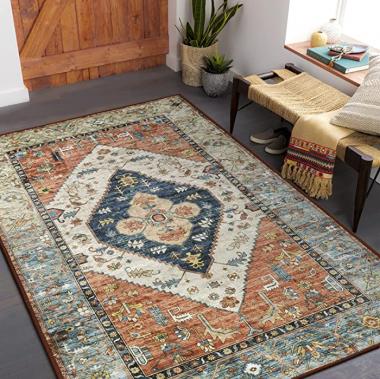 Lahome Collection Traditional Area Rug - Non-Slip Distressed Vintage Persian Oriental Area Rug Accent Throw Low Pile Rugs Floor Carpet for Door Mat Entryway Bedrooms Decor (4’ X 6’, Persian Formal)