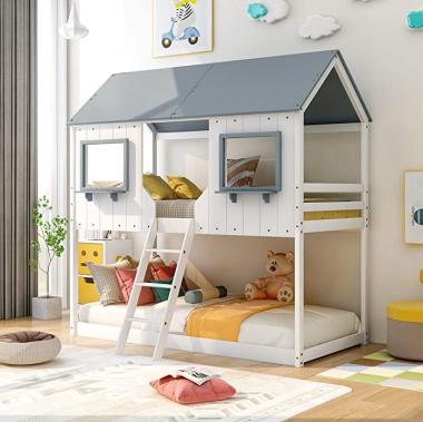 Bellemave Low Bunk Beds Wood Twin Over Twin Bunk Bed House Bed Frame with Roof Kids Bedroom Furniture House Bed for Kids and Toddlers, White