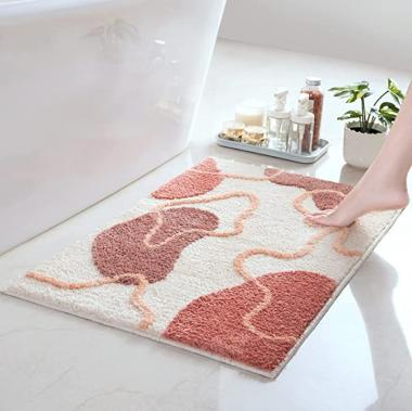 Bathroom Rug, Extra Soft and Shaggy Bath Rug, Ultra Absorbent Microfiber Bathroom Floor Mat, Machine Wash, Bath Mats for Bathroom Non Slip for Tub, Shower, and Bath Room (16"x 24", Beige & Red)