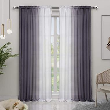 Melodieux Linen Ombre Semi Sheer Curtains 84 Inches Long for Living Room, Grey White Horizontal Gradient Rod Pocket Voile Drapes, 52 by 84 Inch, 2 Panels