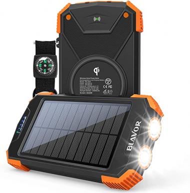 Solar Power Bank, Qi Portable Charger 10,000mAh External Battery Pack Type C Input Port Dual Flashlight, Compass, Solar Panel Charging (Orange)