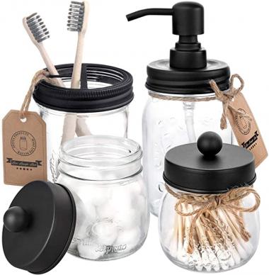 Mason Jar Bathroom Accessories Set 4 - Mason Jar Soap Dispenser & 2 Apothecary Jars & Toothbrush Holder - Rustic Farmhouse Restroom, Bathroom Home Decor Clearance, Countertop Vanity Organizer, Black