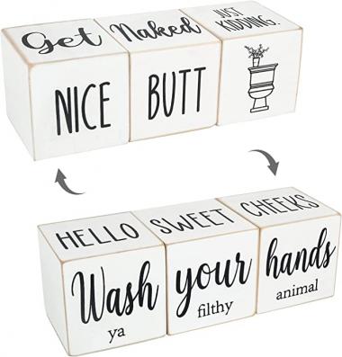 Airrioal Farmhouse Funny Bathroom Decor Signs,4 Sides-Nice Butt&Get Naked&Hello Sweet Cheeks&Wash Your Hands Modern Rustic Decor,Wooden Cute Guest Art Home Decorations Restroom Sign for Bathroom,2.8"