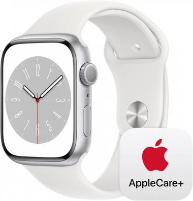 Apple Watch Series 8 [GPS 45mm] Smart Watch w/ Silver Aluminum Case with White Sport Band - S/M with AppleCare+ (2 Years)