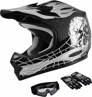 TCT-MOTORPARTS Youth Kids Helmet w/Goggles+Gloves DOT Motocross Black Skull Dirt Bike ATV Off-Road Child Helmet Gloves Goggles (Large)