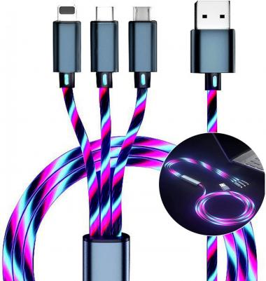 Light Up Charging Cable, LED Phone Charger Cord Smart Colorful Lighting Glowing USB C Cable Fast Multi Charging Cable Universal 3 in 1 Charger Cable Adapter Micro USB Type-C (3 in 1 Charging)