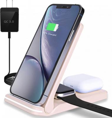 Fast Wireless Charger 3 in 1, QTlier Foldable Charging Dock Stand for iPhone 14/13/12/11/Pro Max/XS/XR/X/8 Plus/8, Compatible with Apple Watch Series and AirPods 3/2/Pro with 18W Adapter（Pink）