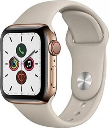 Apple Watch Series 5 (GPS + Cellular, 40MM) Gold Stainless Steel Case with Stone Sport Band (Renewed)