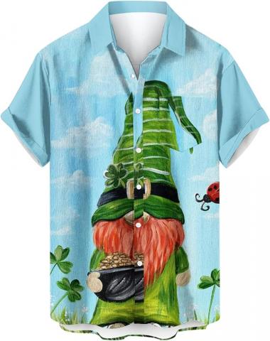 St. Patricks Day Men's Funny Gnomes Graphic Casual Shirts Button Down Business Shirts Irish Festival Blouses Shirt