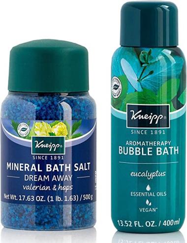 Kneipp Night Time Recovery Set: Valerian & Hops Dream Away Bath Salt & Eucalyptus Refreshing Aromatherapy Bubble Bath